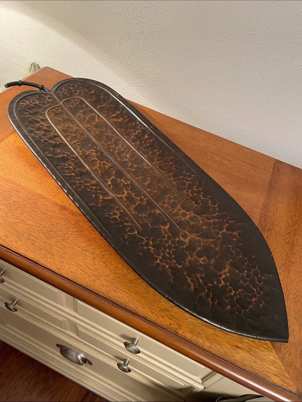Large Metal Hammered Leaf Shape Tray or Decorative Piece with Four Feet